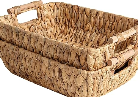 StorageWorks Hand Woven Large Storage Basket with Wooden Handle, Water Hyacinth Wicker Basket for Organization, 2 Pack